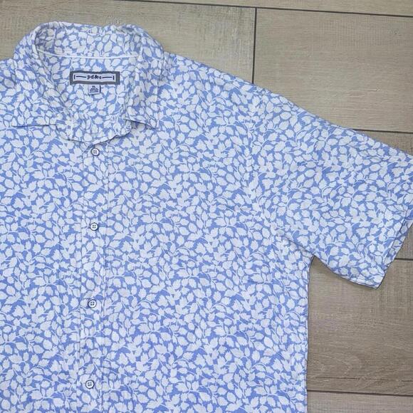 pd&c Button Up Shirt Sz XL White Blue Leaf Print Linen Blend Short Sleeve Casual - Picture 1 of 8
